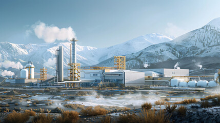 Obraz premium Modern geothermal plant among mountains, showcasing sustainable energy extraction