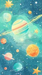 Whimsical artwork of a colorful outer space scene with planets, stars, and swirling galaxies.