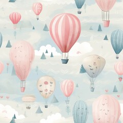 Naklejka premium Charming pastel hot air balloons floating in a whimsical sky with clouds and trees. Ideal for nursery decor and print.