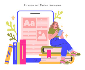 E-books and Online Resources concept A learner engrossed in digital reading material, surrounded by traditional books, blending old and new knowledge mediums Vector illustration