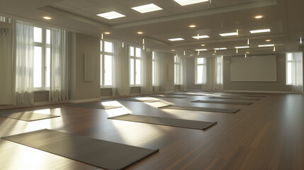 An empty room with wooden floors, multiple yoga mats laid out, large windows, and suspended ceiling lights. room exudes tranquility and is designed for yoga practice, meditation, and wellness activiti
