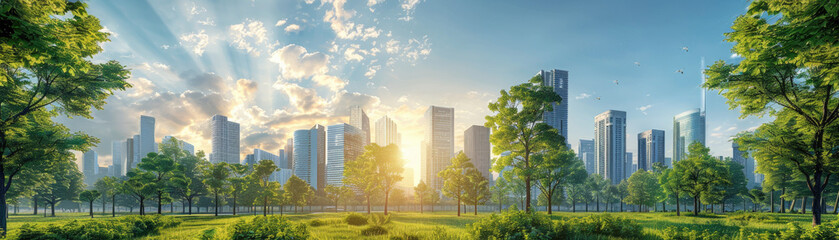 Obraz premium Modern city featuring lush green parks and renewable energy sources, with futuristic architecture and a clear sky, highlighting sustainability and eco-friendly urban planning.