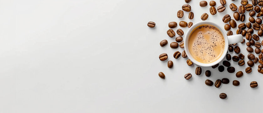 Fondo blanco con granos de caf&eacute; y una taza de bebida caliente en el lado derecho, pancarta plana con vista superior y &aacute;rea de espacio para copiar para publicidad o concepto de dise&ntilde;o de men&uacute;.