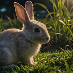 Fototapeta premium a rabbit sitting in the grass with the sun shining on it