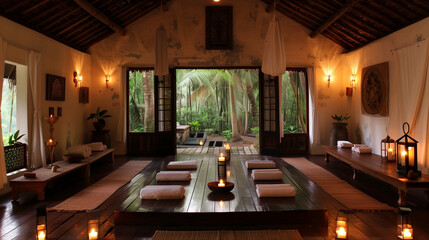 An indoor space with floor seating, surrounded by lush greenery and softly lit by candles and lanterns. view opens up to a tropical garden, creating a serene and meditative atmosphere.