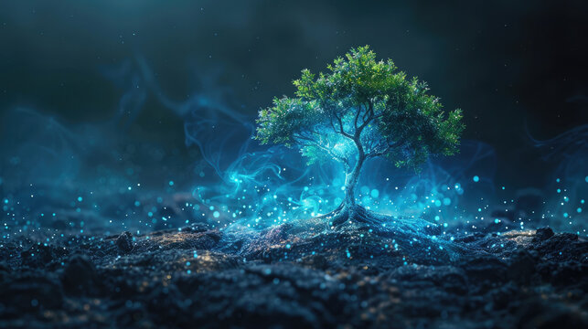 Small tree growing on a digital landscape with glowing blue particles and dark background, showcasing the blend of nature and technology and highlighting eco-friendly innovation.