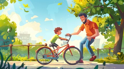 Obraz premium A father helps his son hold the bicycle his son rides to teach cycling in a park road. Cartoon image.