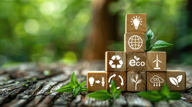 Eco-friendly wooden blocks with icons on a green background represent sustainability and environmental care, ideal for illustrating eco-conscious concepts.