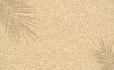 Fine beach sand texture with palm leaf shadow. Tropical coconut palm leaves on brown sand surface. Minimal summer or holiday concept. Backdrop background. Mockup for product presentation.Copy space