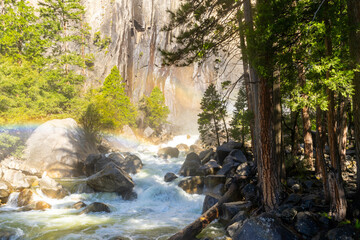 Yosemite Falls, taken from the base of the waterfall.