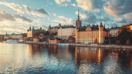 Fototapeta premium stockholm old town panorama with royal palace and historic architecture summer travel concept