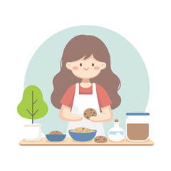 Young girl baking cookies in the kitchen flat style vector illustration