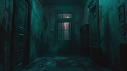 Creepy Manor Interior, Haunted Room, Shadowy Figure
