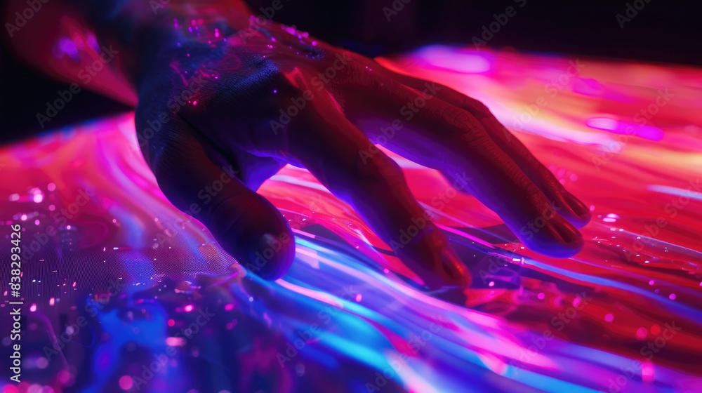 Poster a hand interacts with a colorful light display, creating a vibrant and dynamic scene