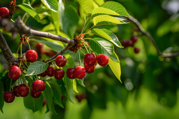 Obraz premium Close-up of Ripe Red Cherries on Tree Branch