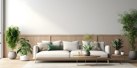 Photorealistic mockup of blank wall frame in modern living room setting. Concept Blank Wall Frame, Modern Living Room, Photorealistic Mockup