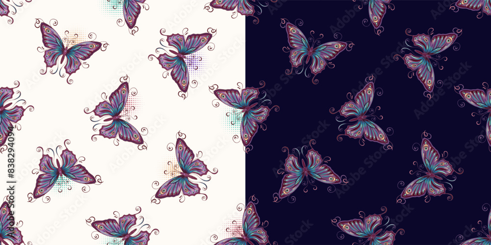 Aufkleber seamless patterns with fantasy colored flying butterflies with spread wings in art nouveau style. se
