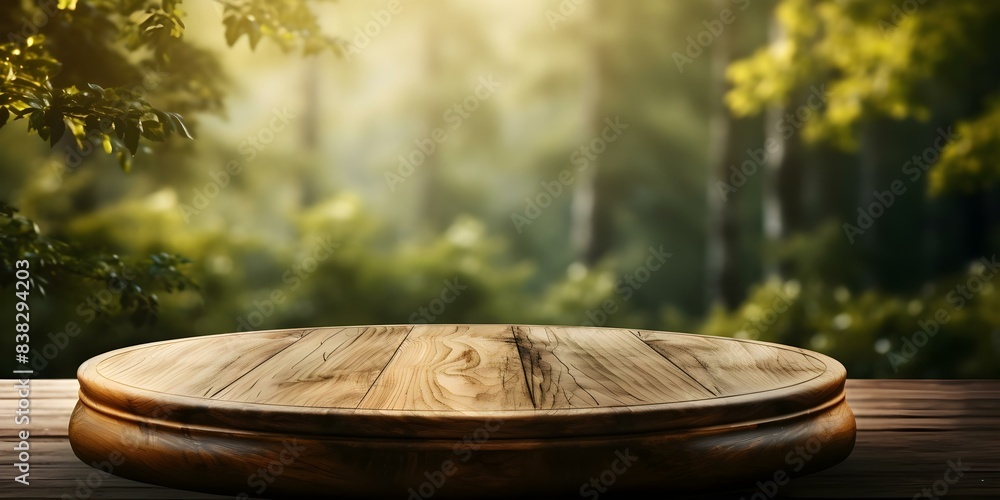 Poster blurry forest background behind empty wooden round table ideal for product placement. concept produc