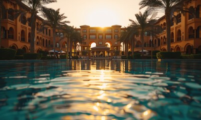 View from within a crystal-clear swimming pool looking at a grand mansion surrounded by lush palm trees under a blue sky