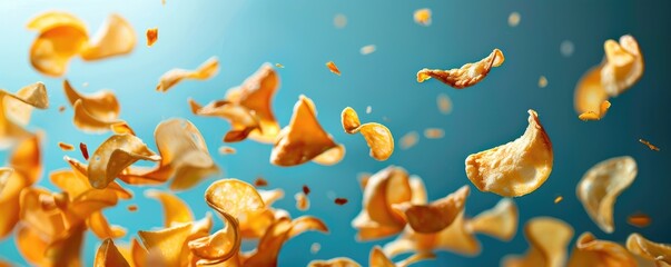 Crunchy potato chips captured in mid-air with a vibrant blue background portraying motion and snack time indulgence