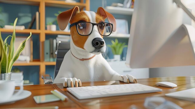 studious canine entrepreneur working at office desk 3d illustration