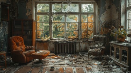 Destroyed room with broken furniture, shattered glass, and dirt everywhere. 