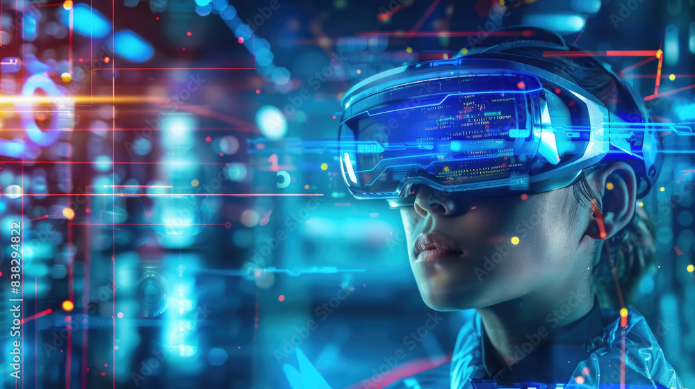 Aufkleber a person is wearing a virtual reality headset and looking at a digital interface in front of them