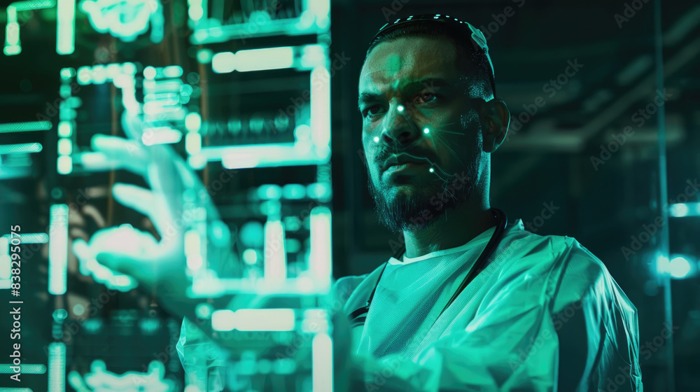 Poster a man in a green lab coat interacts with a digital interface illuminated in green light. the room is