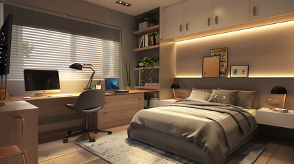Fototapeta premium A functional Scandinavian teen room with a sleek study area, modern light fixtures, and a soft rug for comfort
