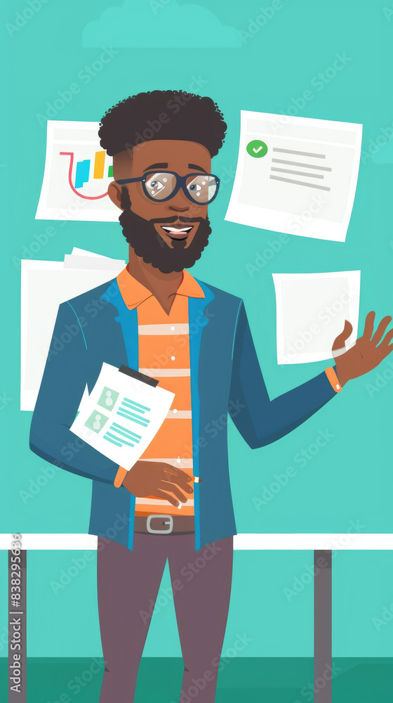 Poster a man with a beard and glasses is presenting data and charts during a meeting. he is smiling and app