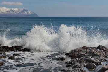 Russia. The Far East. The Kuril Islands. Waves of the Pacific Ocean beating against basalt rocks on the shore of Iturup Island.