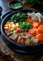 Sukiyaki - Hot pot with thinly sliced beef, vegetables, tofu, and noodles in a sweet soy sauce broth. 