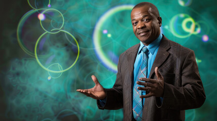 A man in a suit and tie gestures with his hands in front of a green background with abstract circles and lights