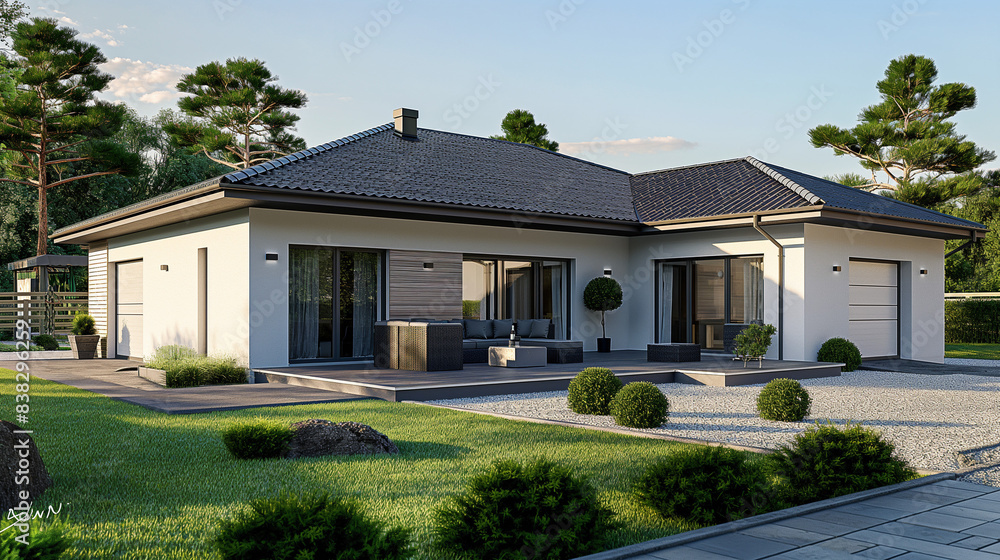 Poster modern minimalist family house with garage and terrace rendered in photorealistic shaders with v-ray