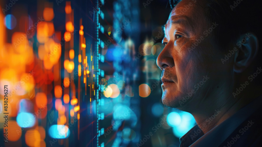 Poster a man stands in front of a large data display, his face illuminated by the vibrant colors of the cit