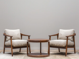 2 podcast single seater chairs with one coffee table. It is isolated on a beautiful background. 