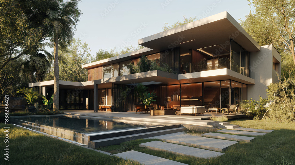 Poster modern minimalist family house with garage and terrace rendered in photorealistic shaders with v-ray