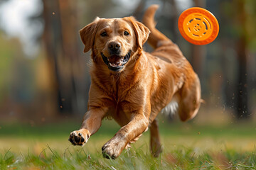 Playful Labrador Retriever catching a frisbee in mid-air. The scene is set in a sunny park with...