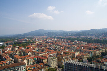 TURIN, ITALY - SEP 14, 2019: View of the old town of Turin from the visitors' terrace on the pavilion-like building Mole Antonelliana
