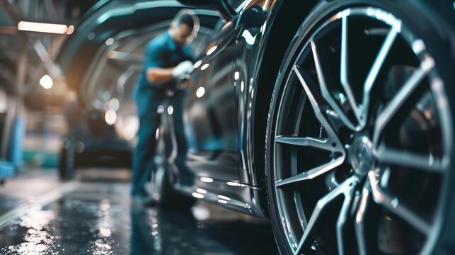 Close-up of a shiny black car wheel with a worker polishing the vehicle in a modern automotive workshop, showcasing service and maintenance.