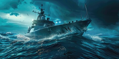 Warship Battling Stormy Seas