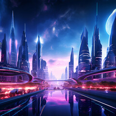 Obraz premium Future city at the night. Fast cars, neons everywhere.