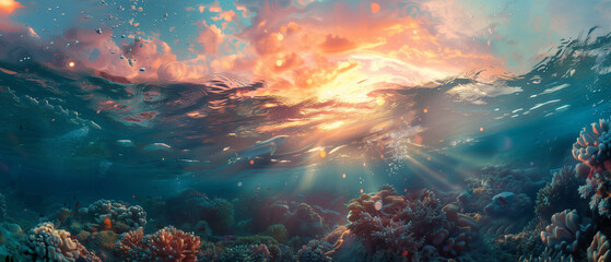 Fototapeta premium An underwater view of the sun shining brightly through the surface, illuminating a colorful coral reef beneath the waves. 