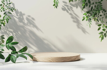 3d vector white podium background for product presentation, cosmetic mockup in minimalist style with copy space and plant leafs.