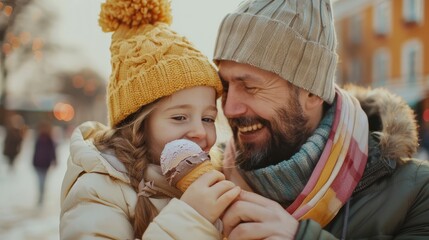 Obraz premium Cheerful dad and daughter sharing vanilla ice cream with crispy topping, spring season, wearing hats and scarves, close up view, dynamic, double exposure, town square