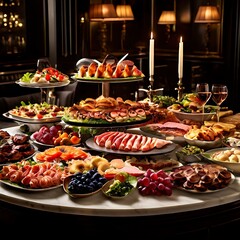 Abundant and vibrant holiday feast spread across a long, elegantly set table, featuring a diverse array of savory dishes and sweet treats.
