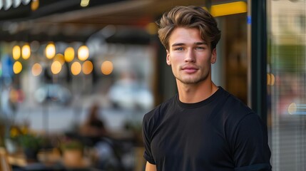 Fototapeta premium stylish male model in black cotton tshirt urban street fashion candid city portrait digital photography