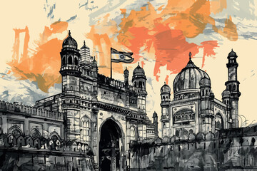 Naklejka premium Watercolor splash with hand drawn sketch of Gateway of India Mumbai, India in vector illustration.