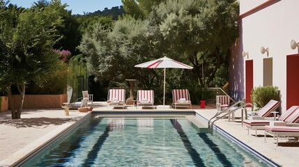 Summertime in style at the pool. Charming poolside lounge with floral backdrop. Inviting poolside area with lounge chairs, striped umbrella or towels, vibrant flowers, greenery, summertime relaxation