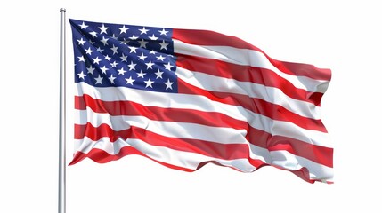 Obraz premium American flag with stars and stripes, waving gracefully, representing freedom and patriotism, isolated on white background, photorealistic, surreal, fusion, plain background